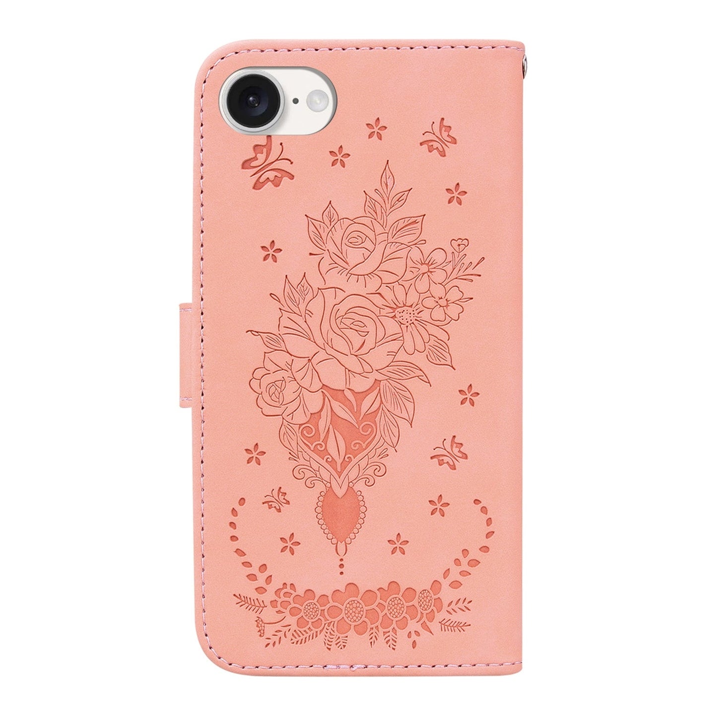 For iPhone 16e Butterfly Rose Embossed Leather Phone Case(Pink)