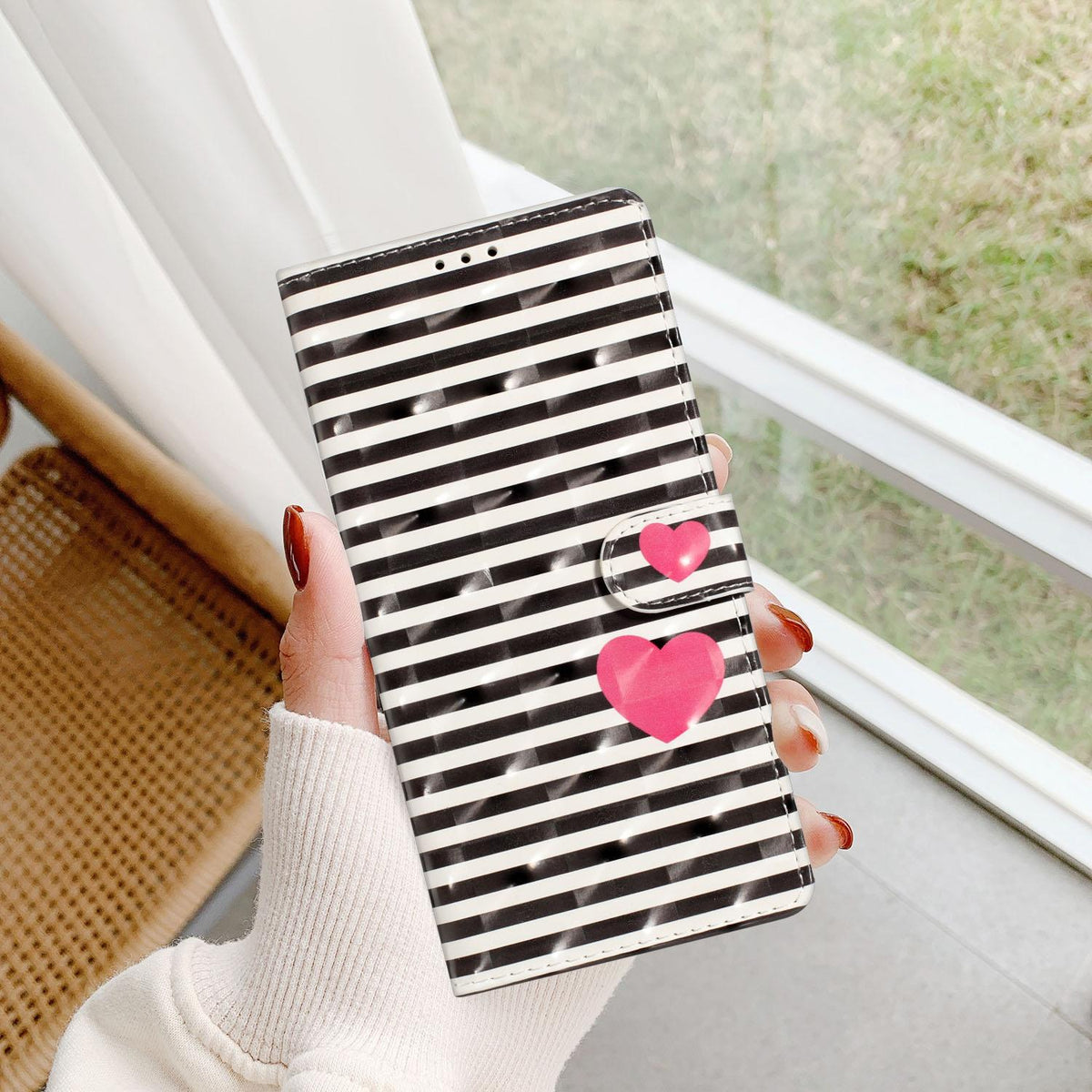 Compatible with iPhone 18 Pro Max 3D Pattern Leather Phone Case - Striped Heart