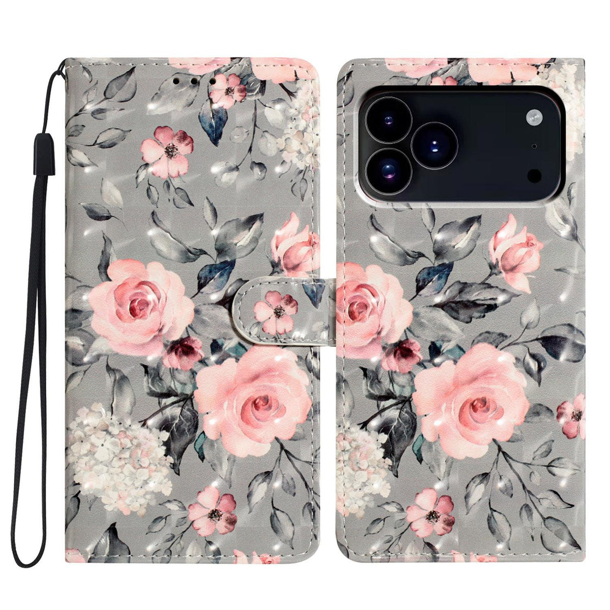 Compatible with iPhone 18 Pro Max 3D Pattern Leather Phone Case - Gray Base Flower