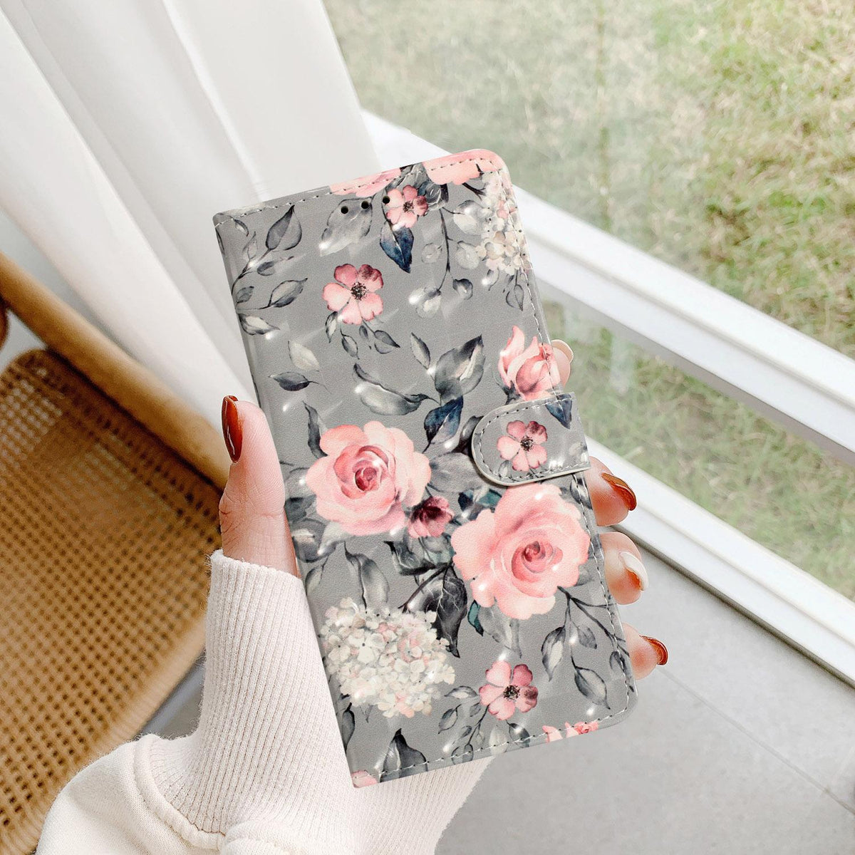 Compatible with iPhone 18 Pro Max 3D Pattern Leather Phone Case - Gray Base Flower