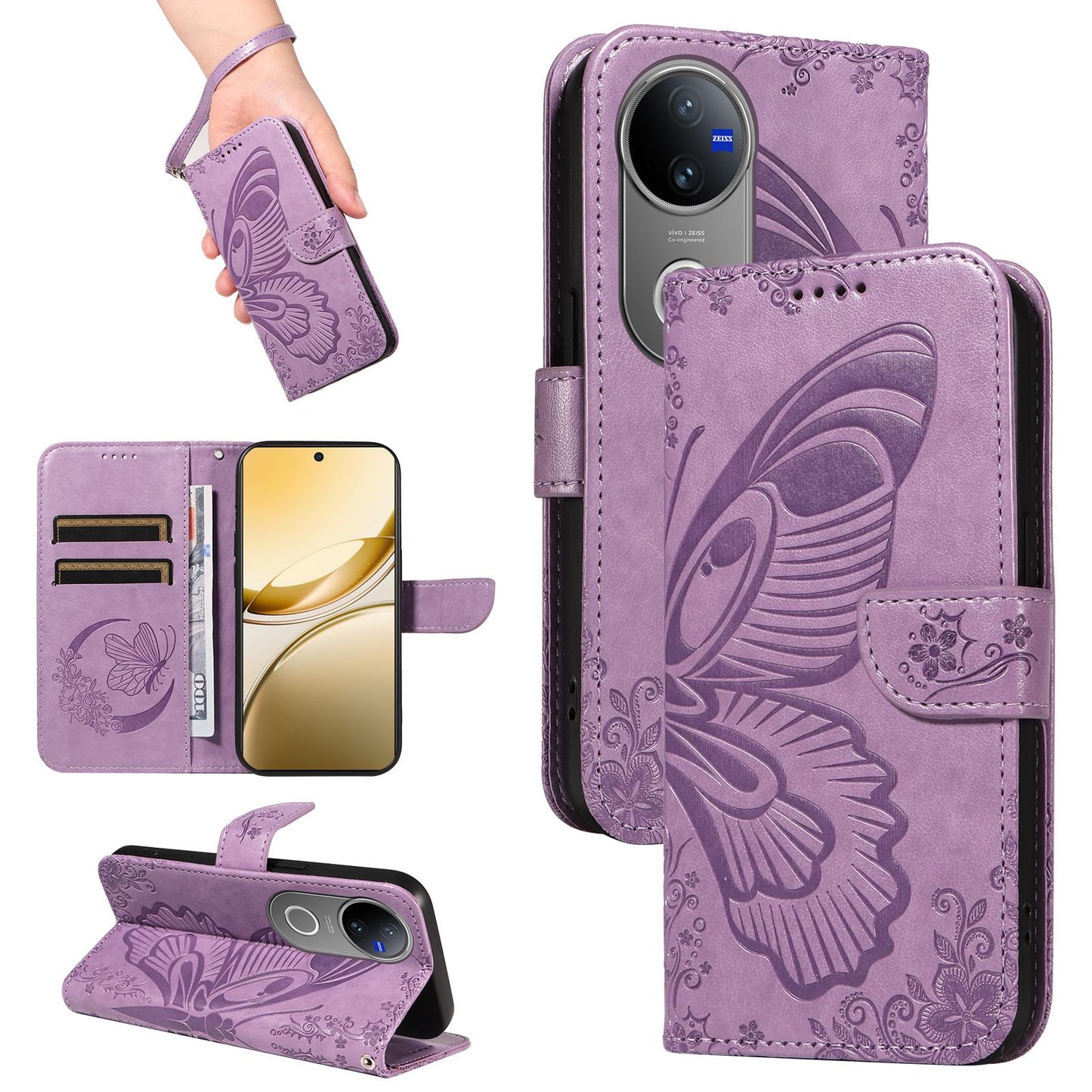 For vivo V50 5G Global Swallowtail Butterfly Embossed Leather Phone Case(Purple)