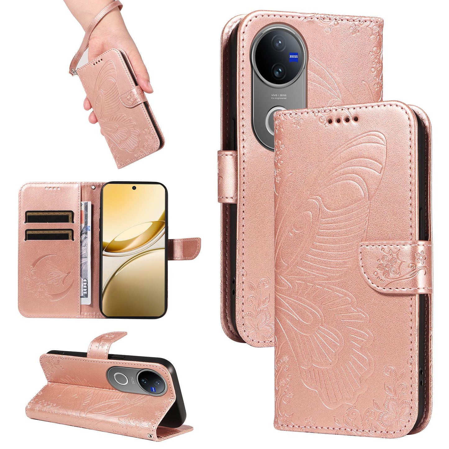 For vivo V50 5G Global Swallowtail Butterfly Embossed Leather Phone Case(Rose Gold)