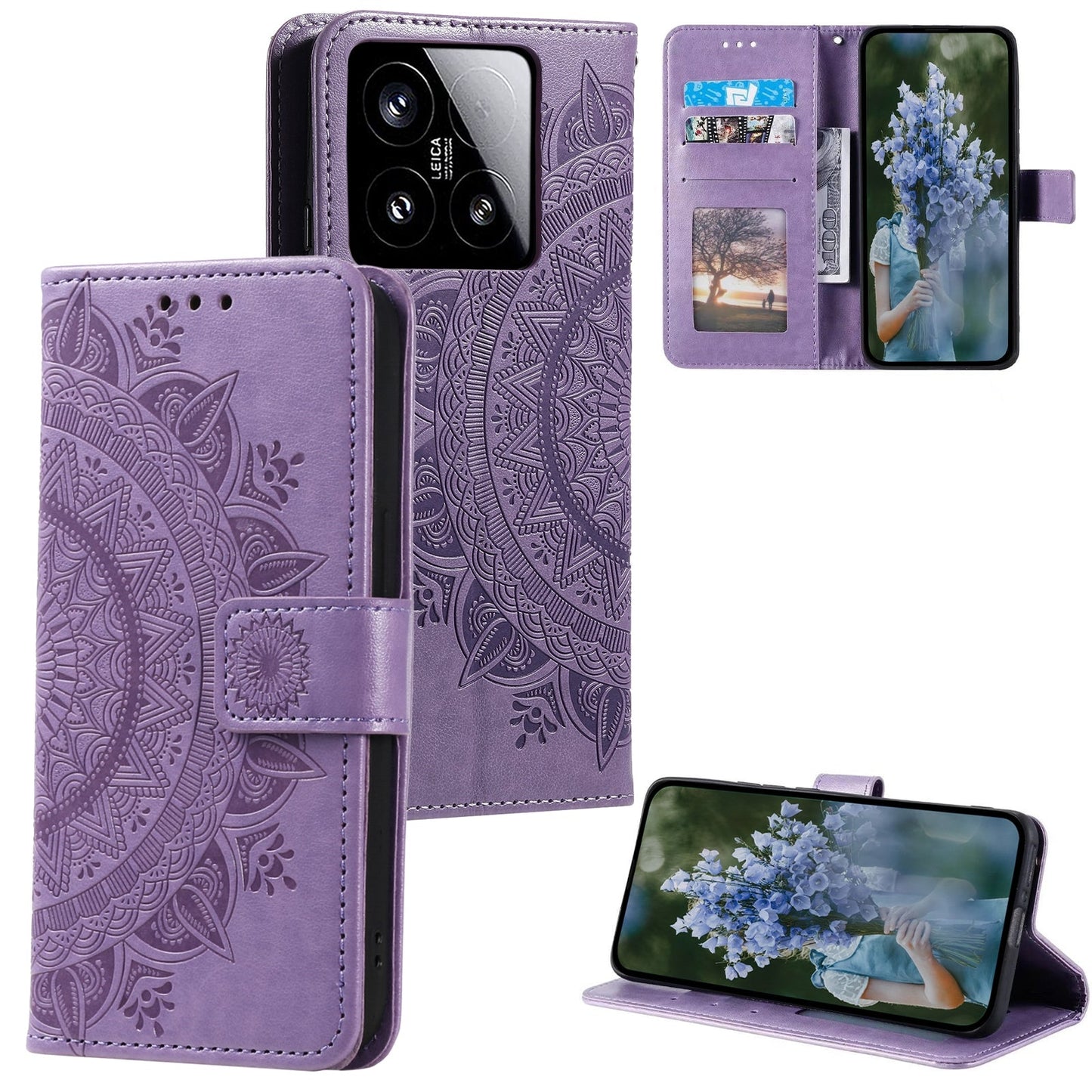 For Xiaomi 15 Totem Flower Embossed Leather Phone Case with Lanyard(Purple)