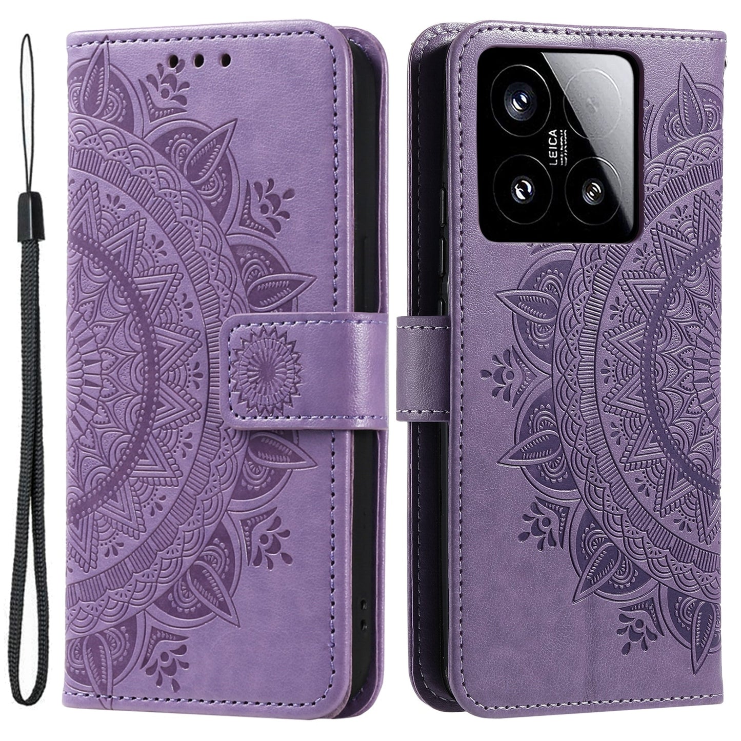 For Xiaomi 15 Totem Flower Embossed Leather Phone Case with Lanyard(Purple)