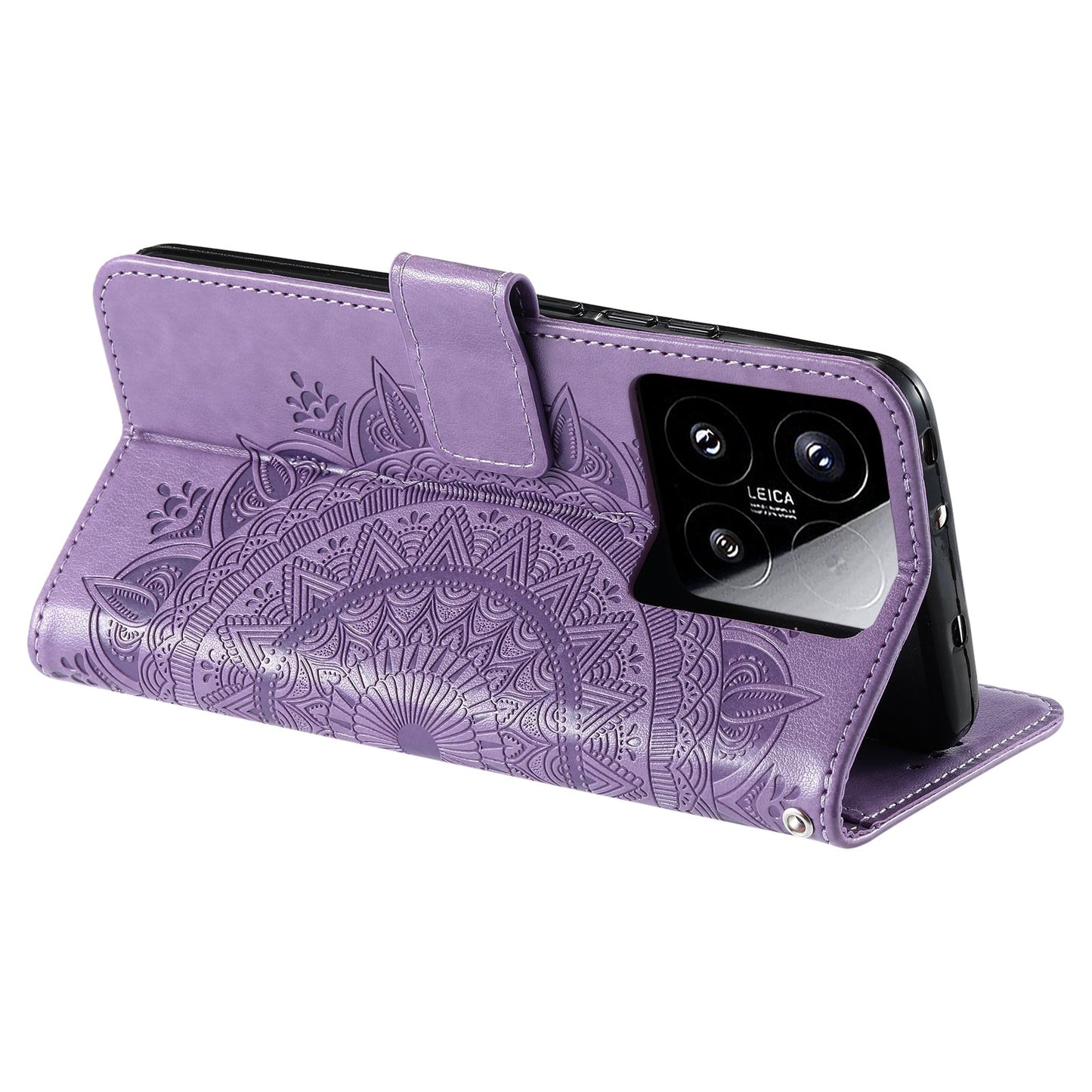 For Xiaomi 15 Totem Flower Embossed Leather Phone Case with Lanyard(Purple)