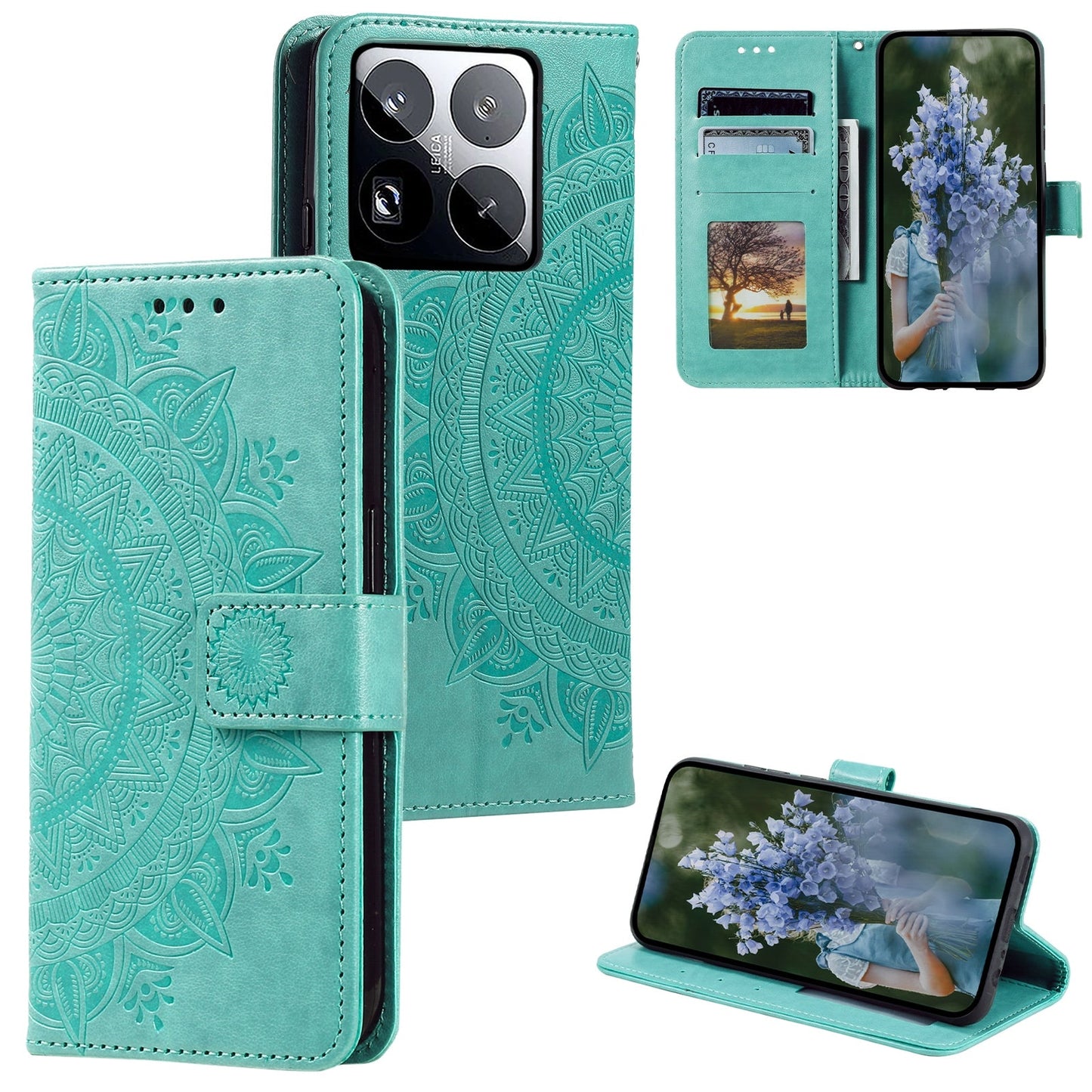 For Xiaomi 15 Pro Totem Flower Embossed Leather Phone Case with Lanyard(Green)