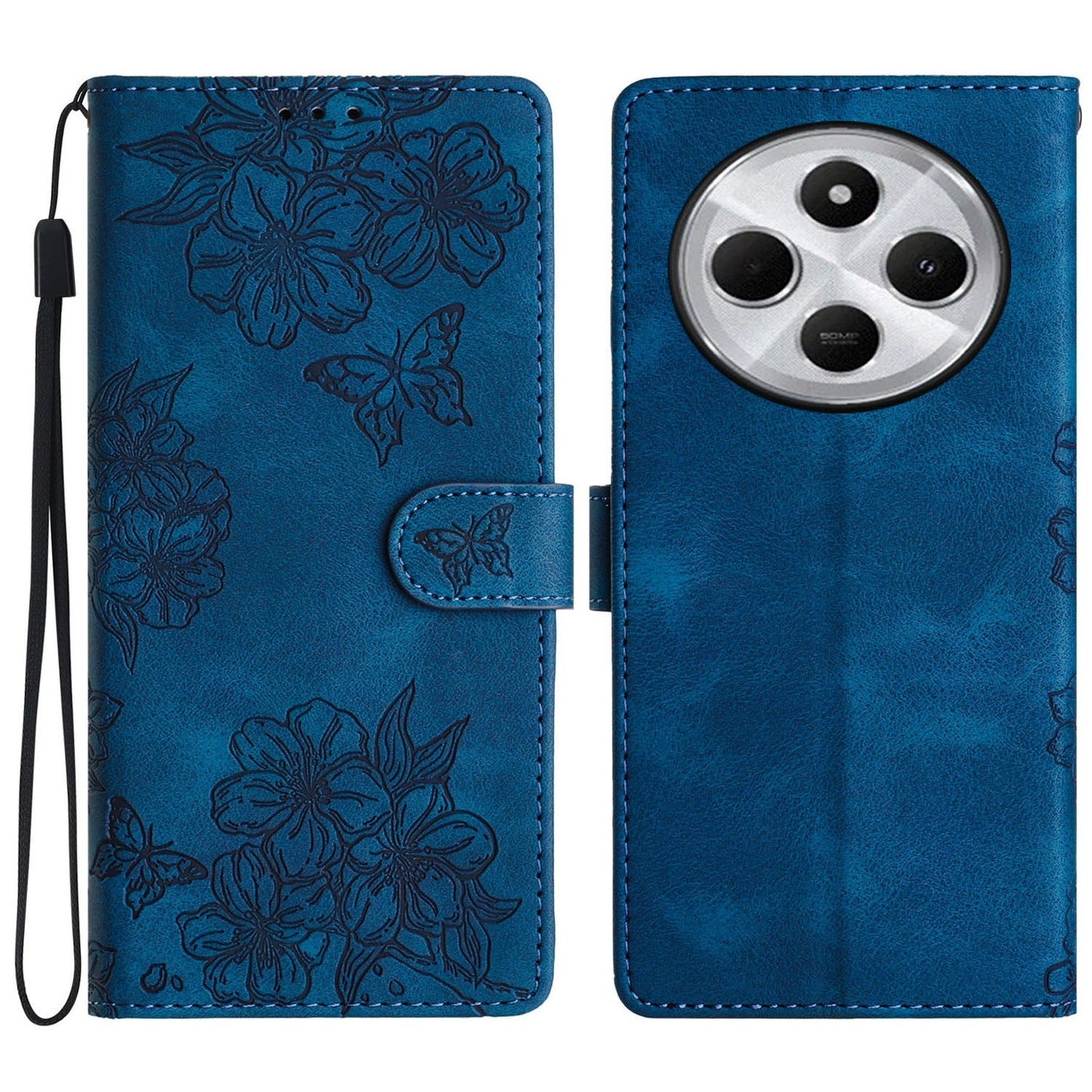 For Redmi 14C 4G Cherry Blossom Butterfly Skin Feel Embossed PU Phone Case(Blue)