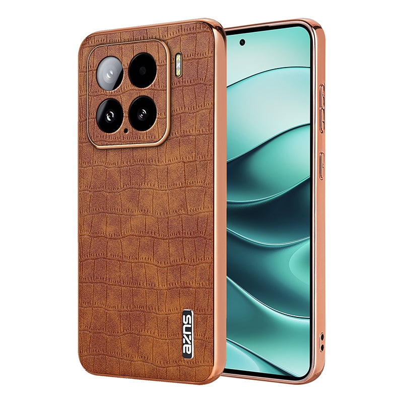 For Xiaomi 15 AZNS Electroplated Frame Crocodile Texture Full Coverage Phone Case(Brown)