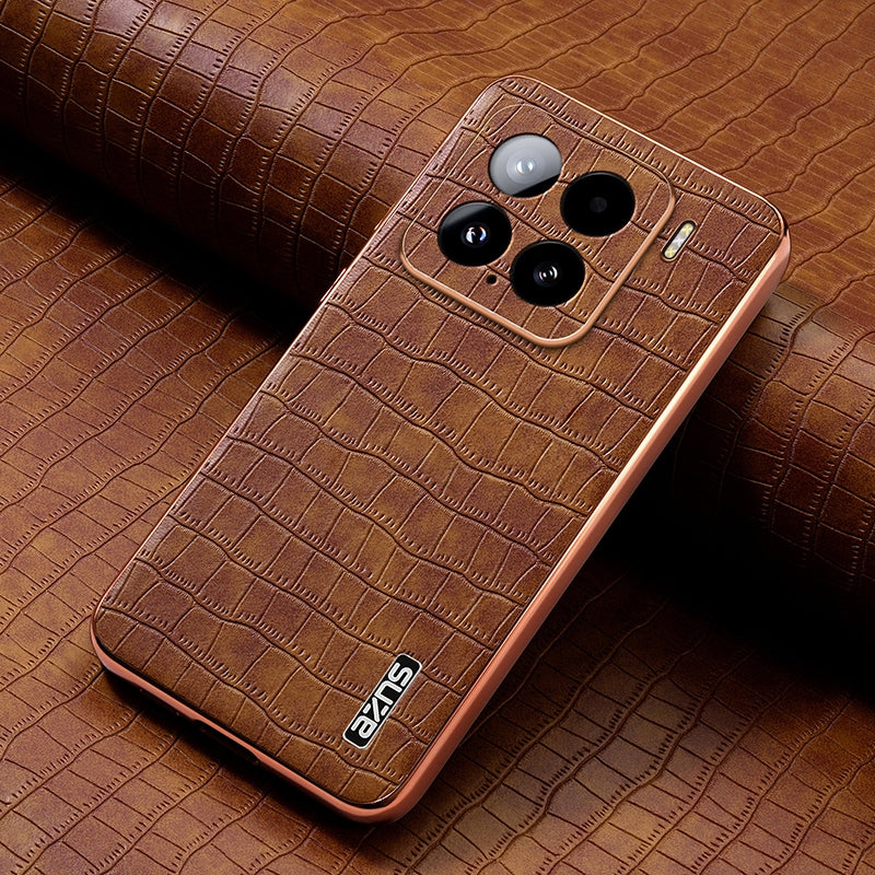 For Xiaomi 15 AZNS Electroplated Frame Crocodile Texture Full Coverage Phone Case(Brown)