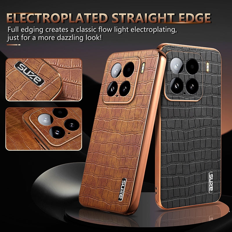 For Xiaomi 15 AZNS Electroplated Frame Crocodile Texture Full Coverage Phone Case(Brown)