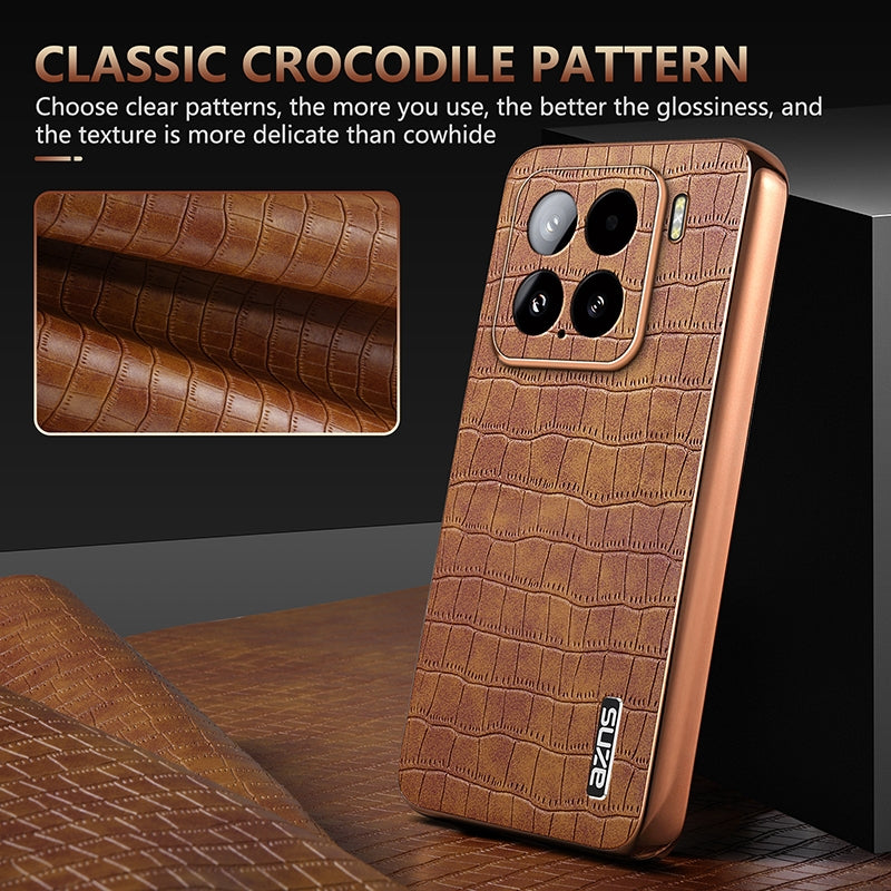 For Xiaomi 15 AZNS Electroplated Frame Crocodile Texture Full Coverage Phone Case(Brown)