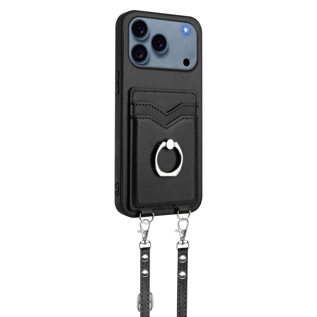 Compatible with iPhone 18 Pro Max & 17 Pro Max R20 Crossbody Rope Ring Card Holder Phone Case - Black