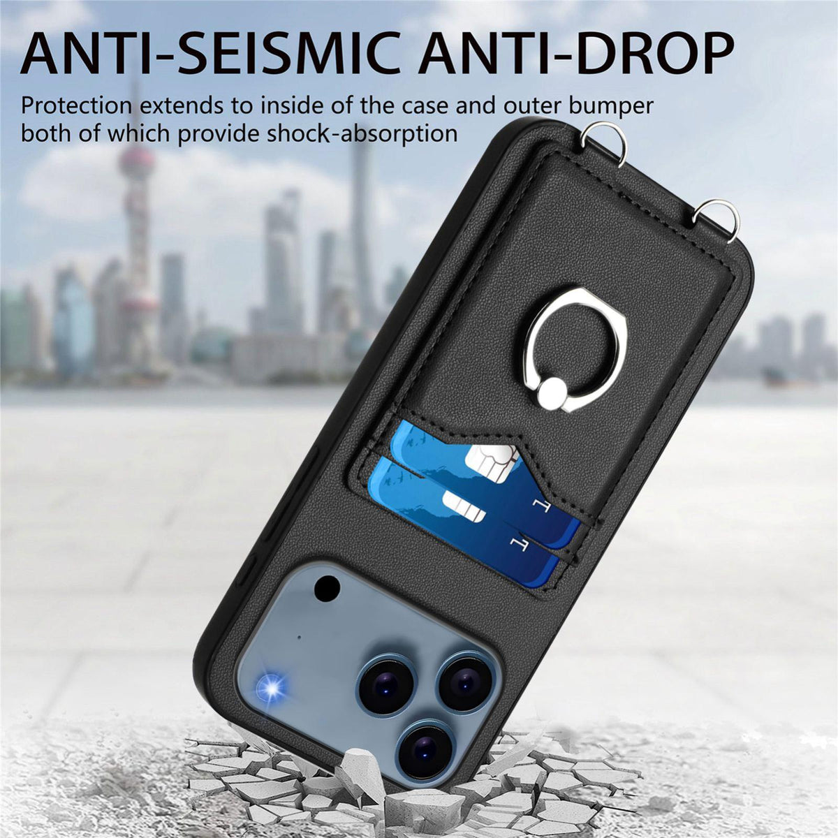 Compatible with iPhone 18 Pro Max & 17 Pro Max R20 Crossbody Rope Ring Card Holder Phone Case - Black