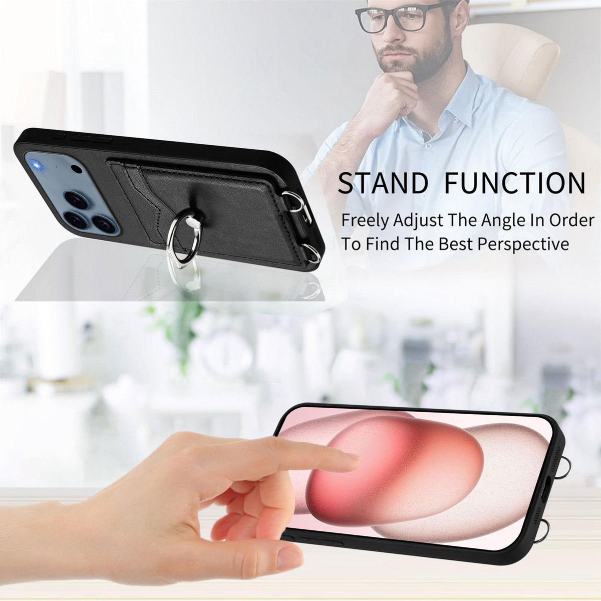 Compatible with iPhone 18 Pro Max & 17 Pro Max R20 Crossbody Rope Ring Card Holder Phone Case - Black