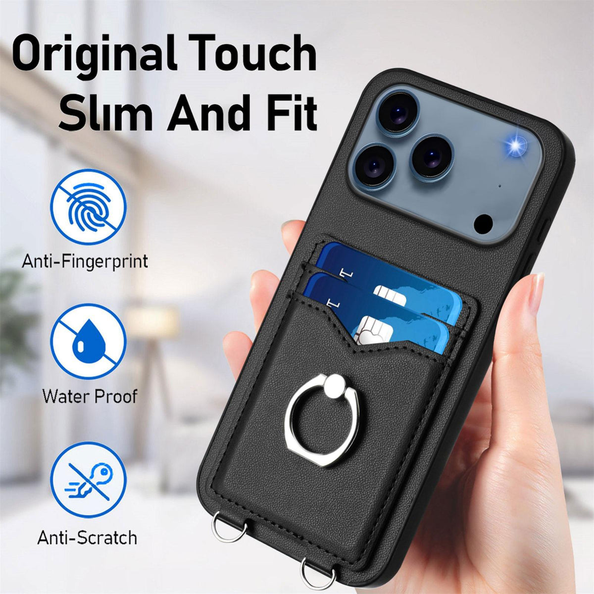 Compatible with iPhone 18 Pro Max & 17 Pro Max R20 Crossbody Rope Ring Card Holder Phone Case - Black