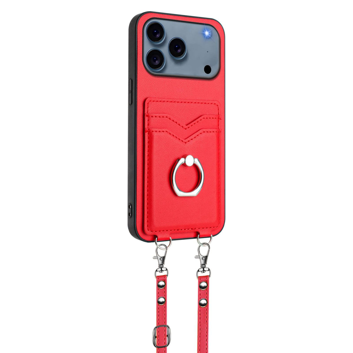 Compatible with iPhone 18 Pro Max & 17 Pro Max R20 Crossbody Rope Ring Card Holder Phone Case - Red