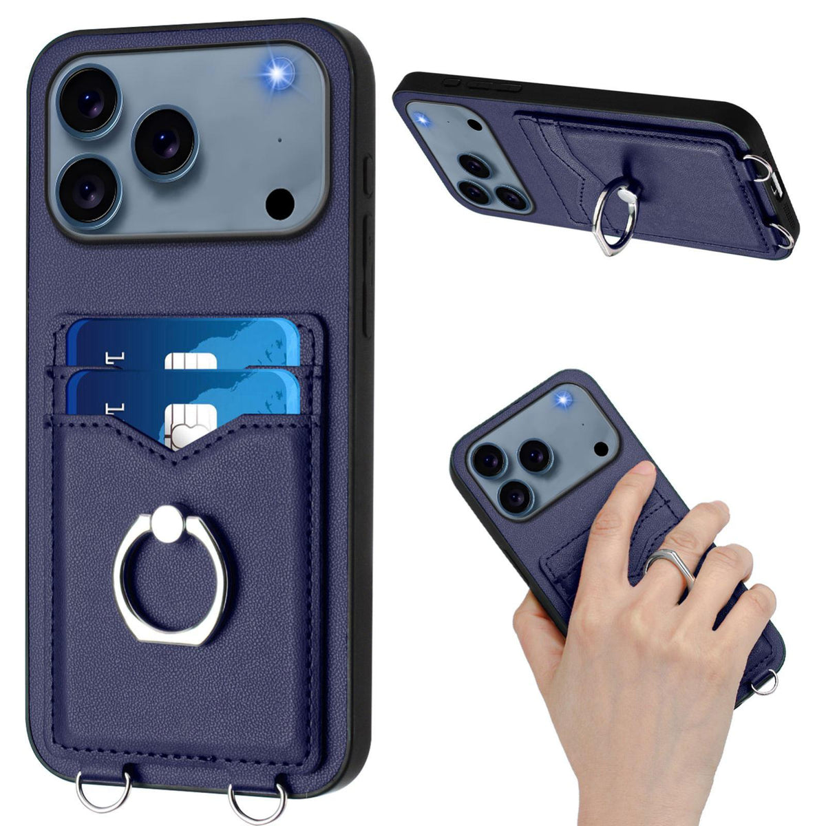 Compatible with iPhone 18 Pro Max & 17 Pro Max R20 Crossbody Rope Ring Card Holder Phone Case - Blue