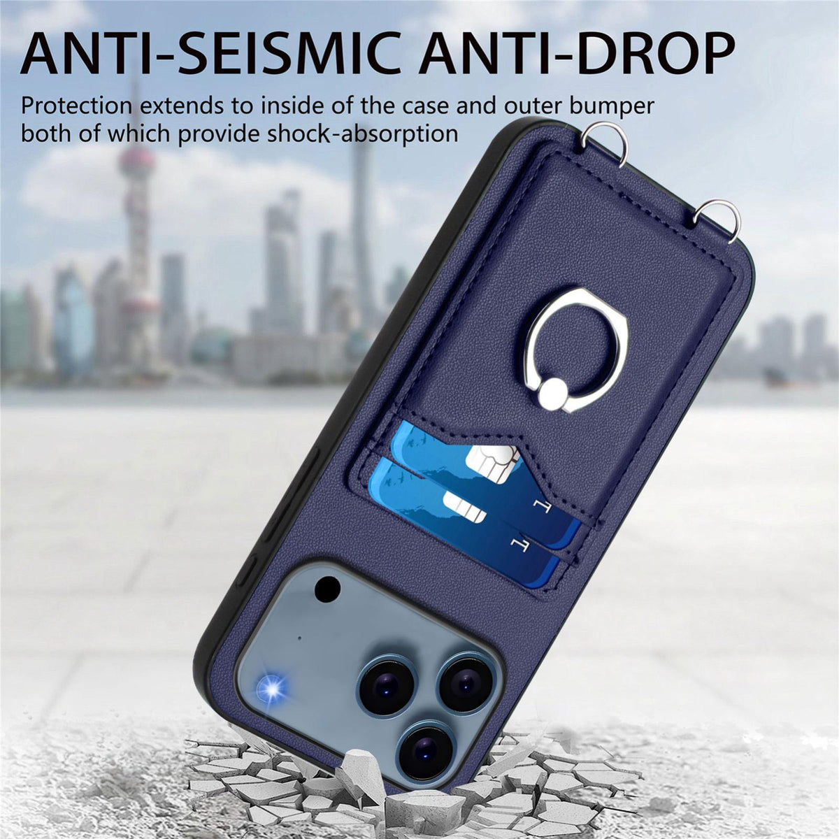Compatible with iPhone 18 Pro Max & 17 Pro Max R20 Crossbody Rope Ring Card Holder Phone Case - Blue
