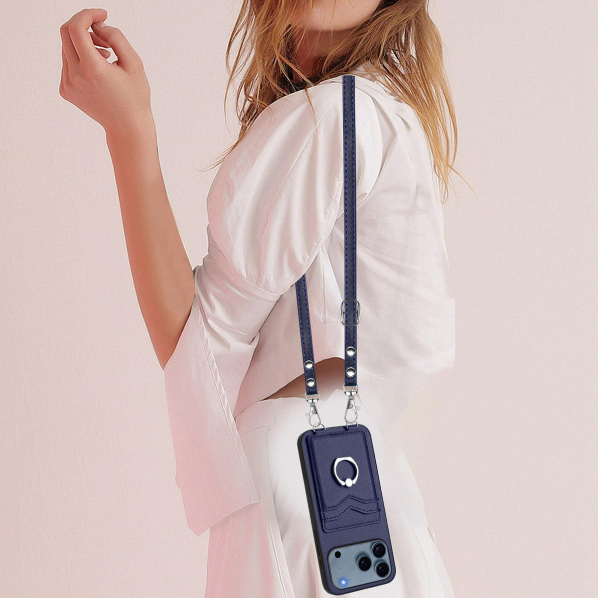 Compatible with iPhone 18 Pro Max & 17 Pro Max R20 Crossbody Rope Ring Card Holder Phone Case - Blue
