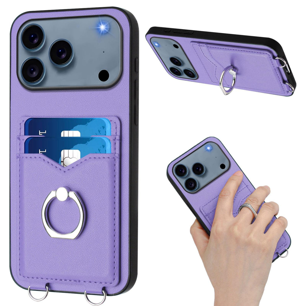 Compatible with iPhone 18 Pro Max & 17 Pro Max R20 Crossbody Rope Ring Card Holder Phone Case - Purple
