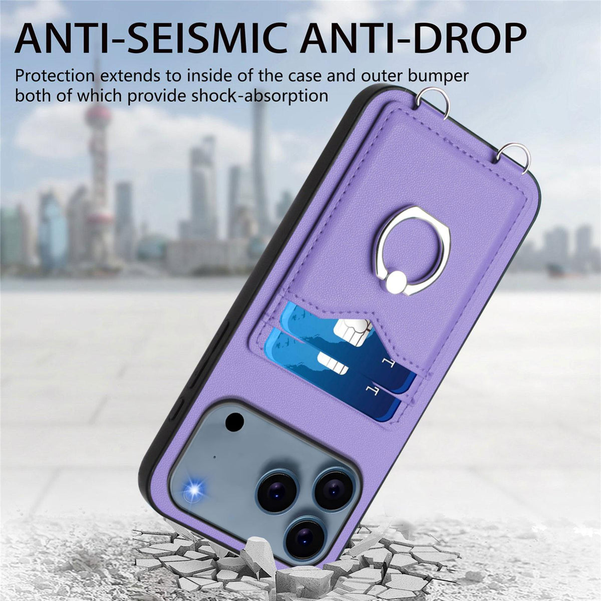 Compatible with iPhone 18 Pro & 17 Pro R20 Crossbody Rope Ring Card Holder Phone Case - Purple