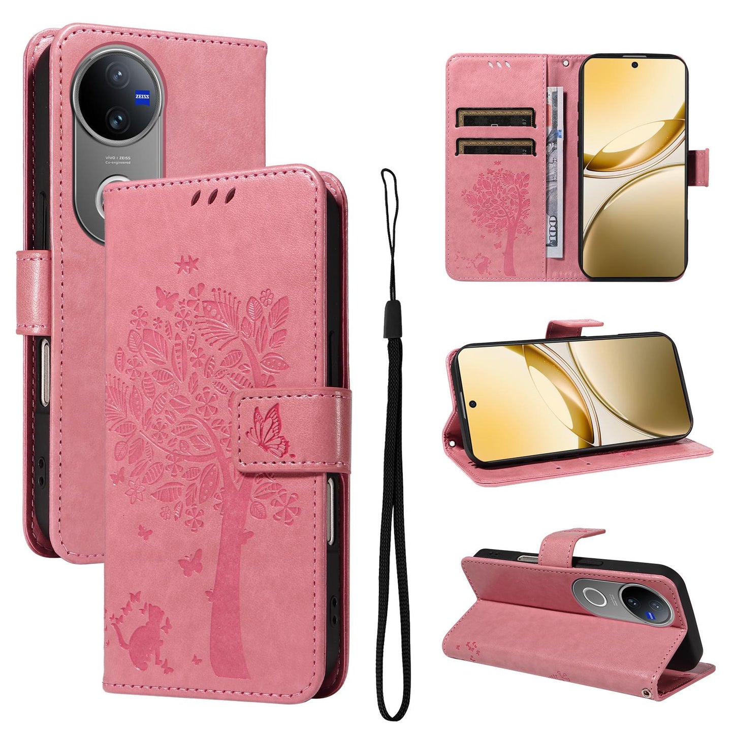 For vivo V50 5G Global Tree & Cat Embossed Pattern Flip Leather Phone Case(Pink)