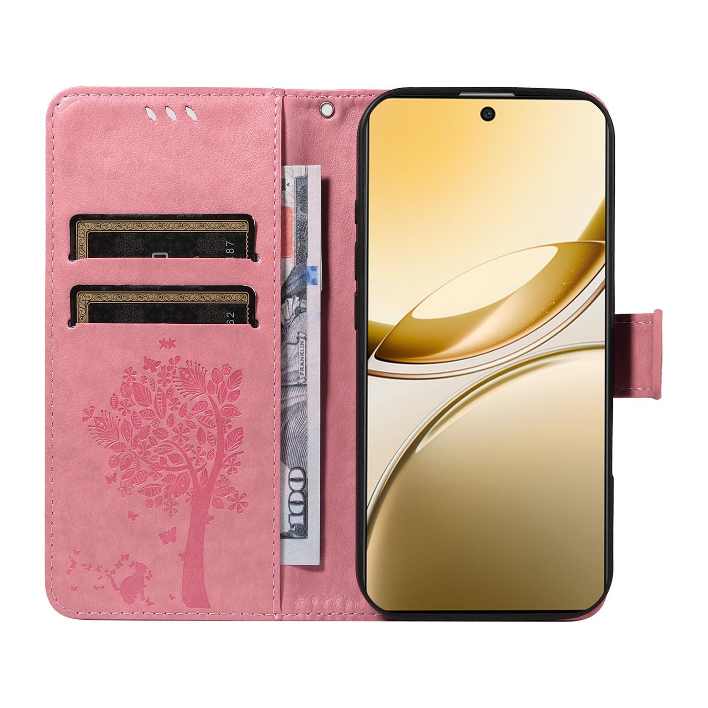 For vivo V50 5G Global Tree & Cat Embossed Pattern Flip Leather Phone Case(Pink)