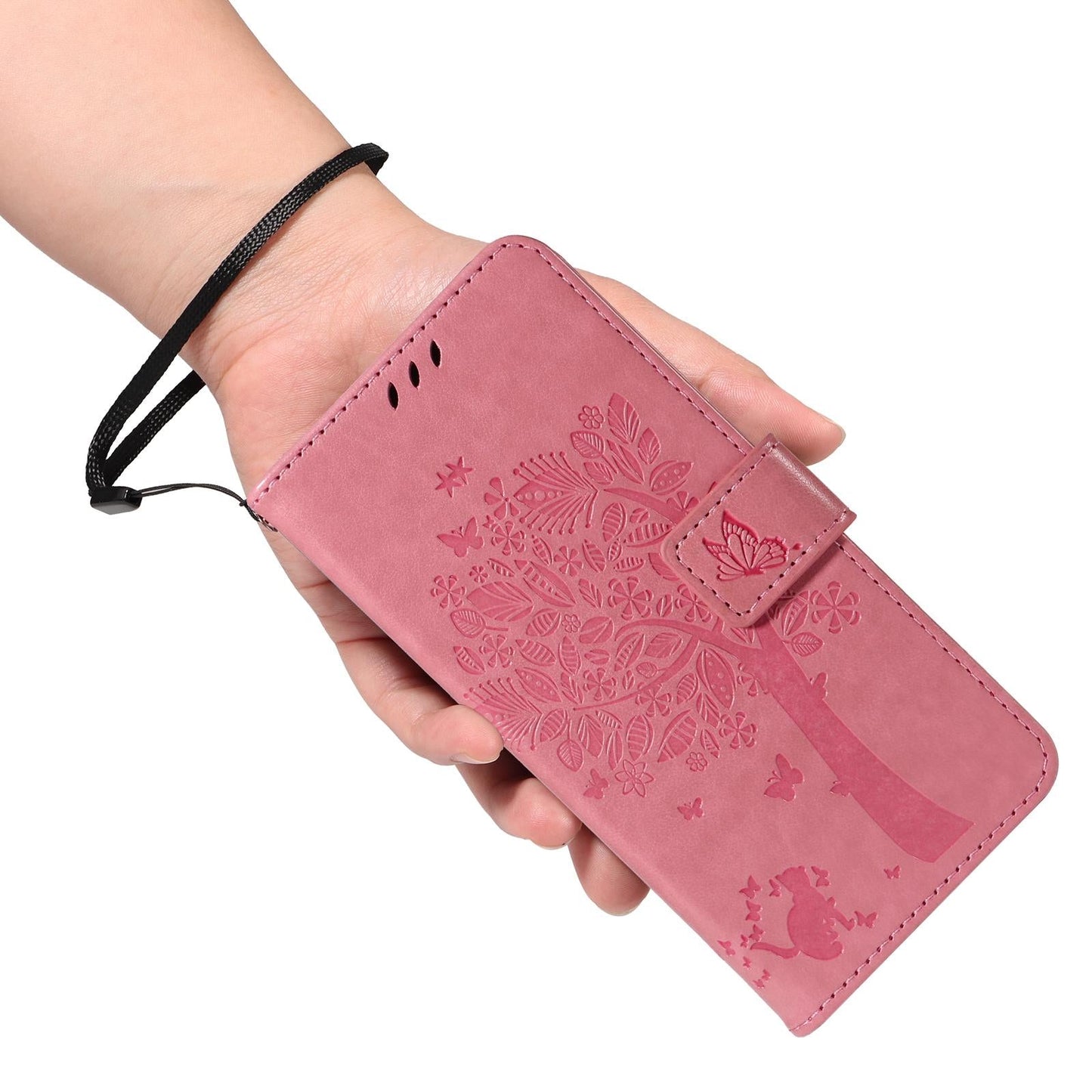 For vivo V50 5G Global Tree & Cat Embossed Pattern Flip Leather Phone Case(Pink)