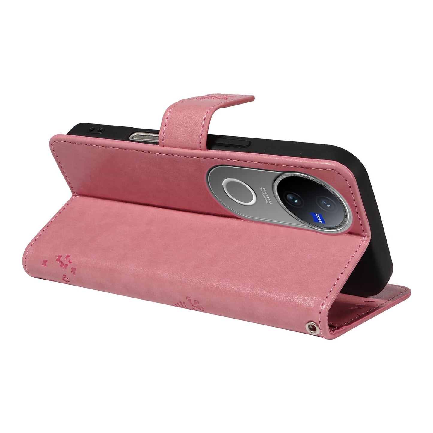 For vivo V50 5G Global Tree & Cat Embossed Pattern Flip Leather Phone Case(Pink)