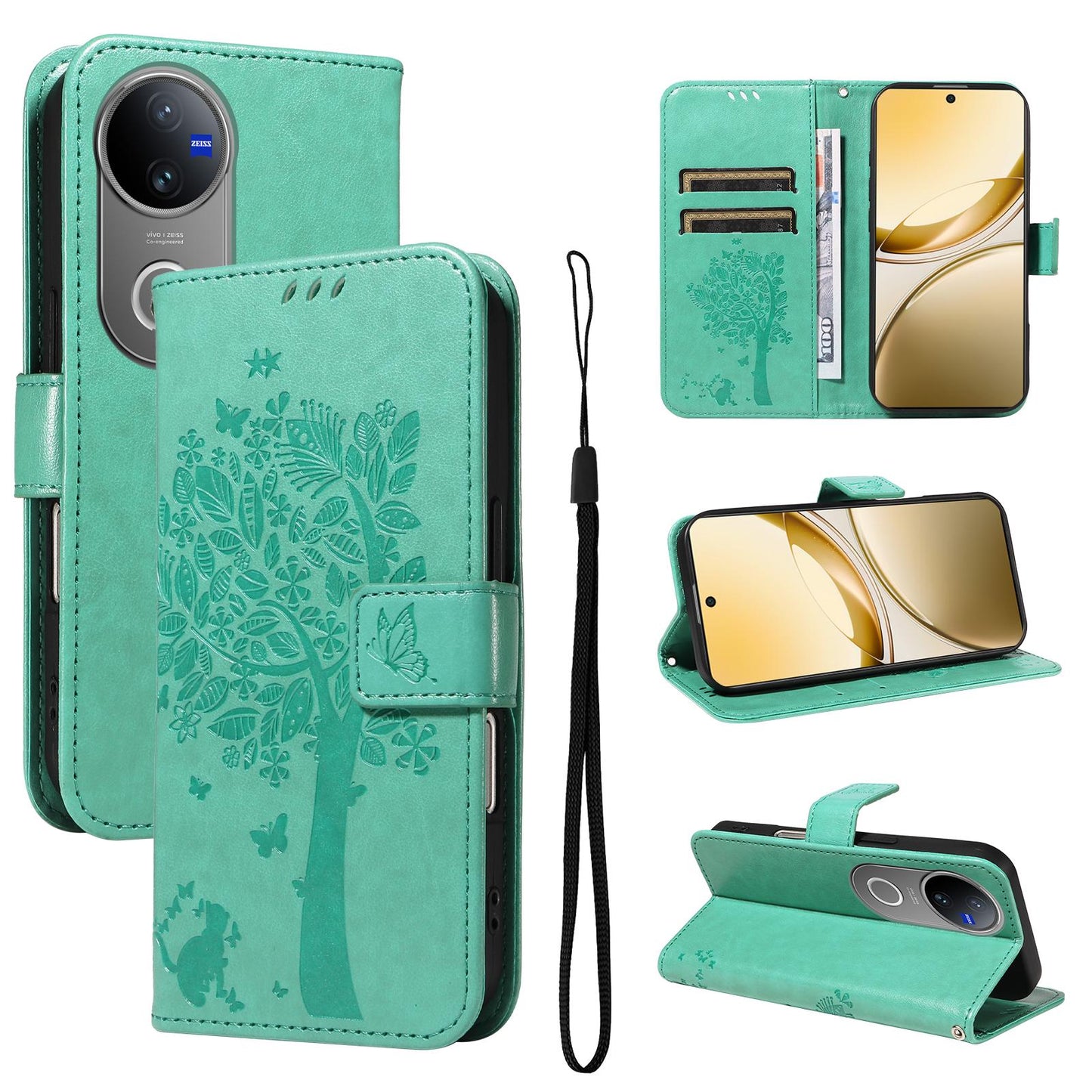 For vivo V50 5G Global Tree & Cat Embossed Pattern Flip Leather Phone Case(Green)