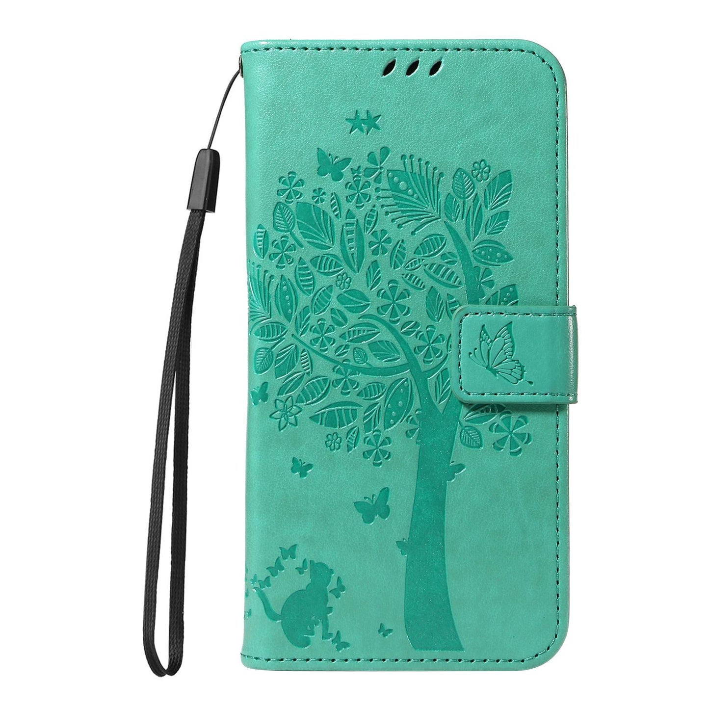 For vivo V50 5G Global Tree & Cat Embossed Pattern Flip Leather Phone Case(Green)