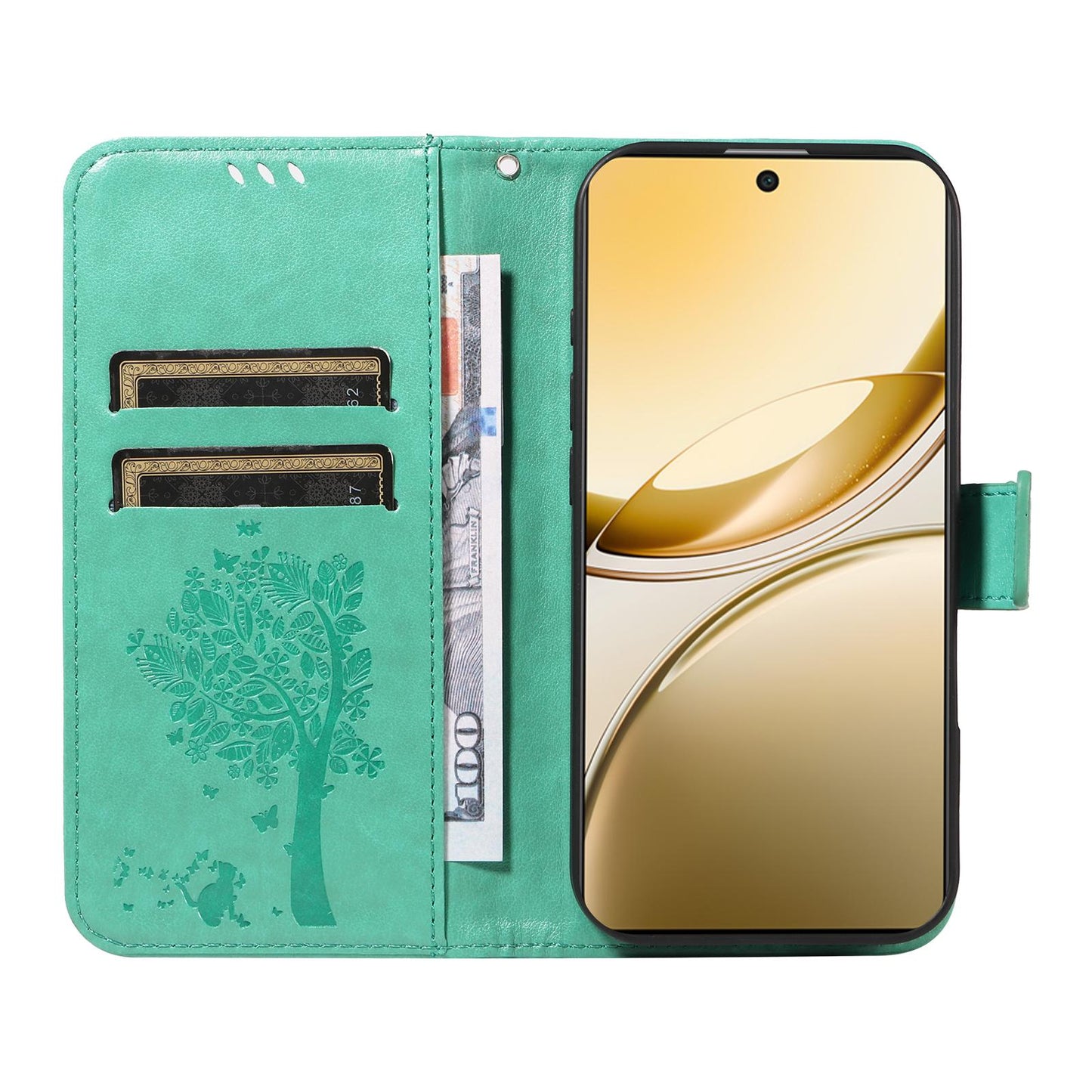 For vivo V50 5G Global Tree & Cat Embossed Pattern Flip Leather Phone Case(Green)