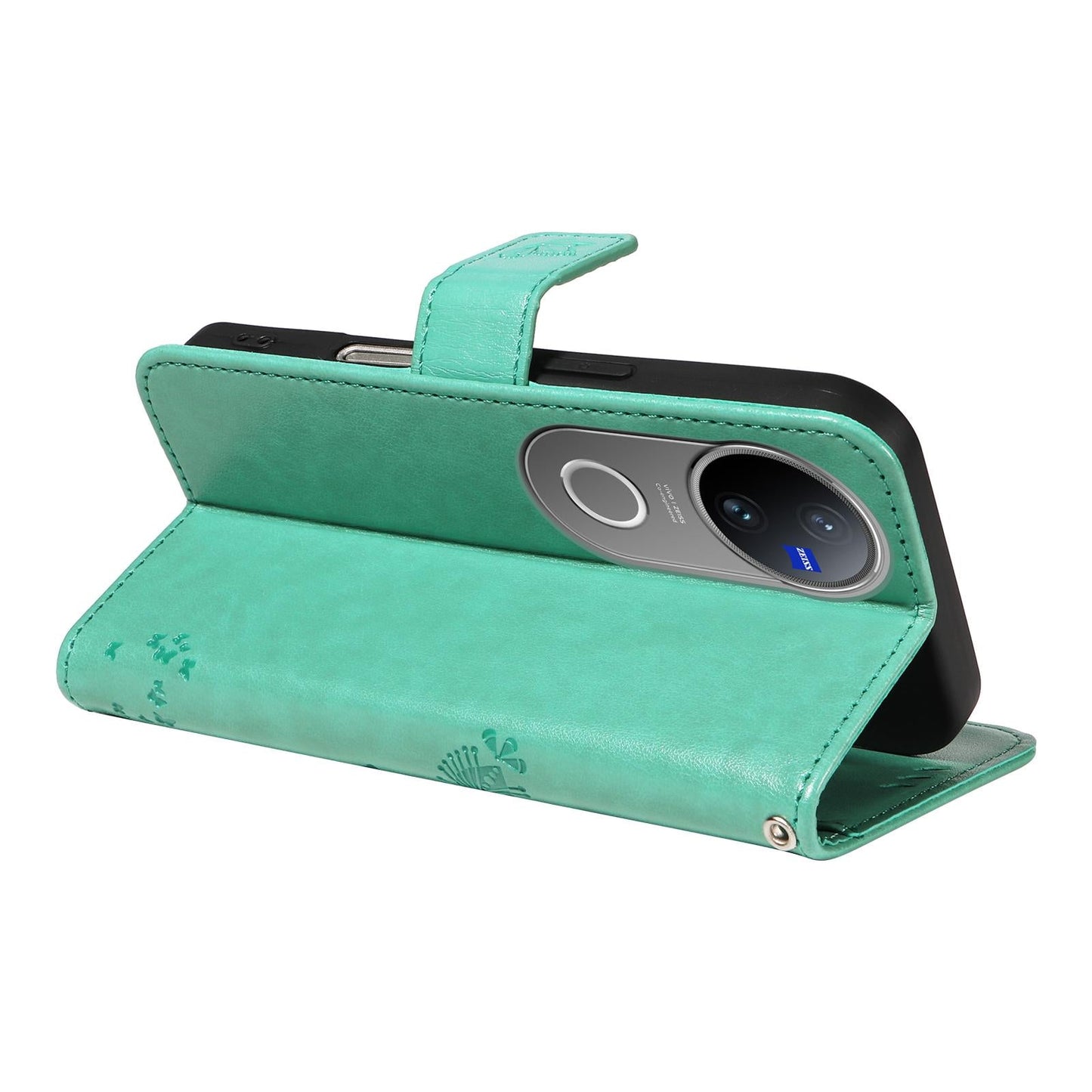 For vivo V50 5G Global Tree & Cat Embossed Pattern Flip Leather Phone Case(Green)