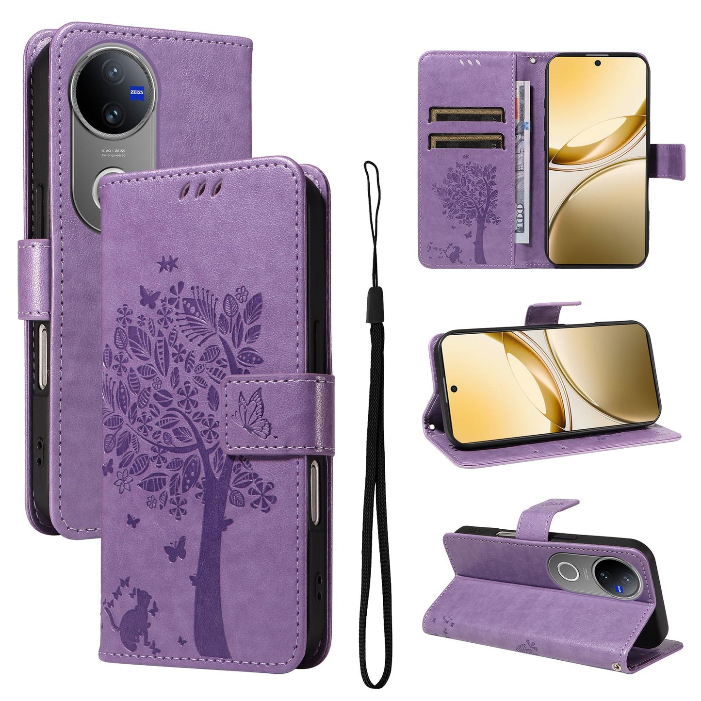 For vivo V50 5G Global Tree & Cat Embossed Pattern Flip Leather Phone Case(Light Purple)