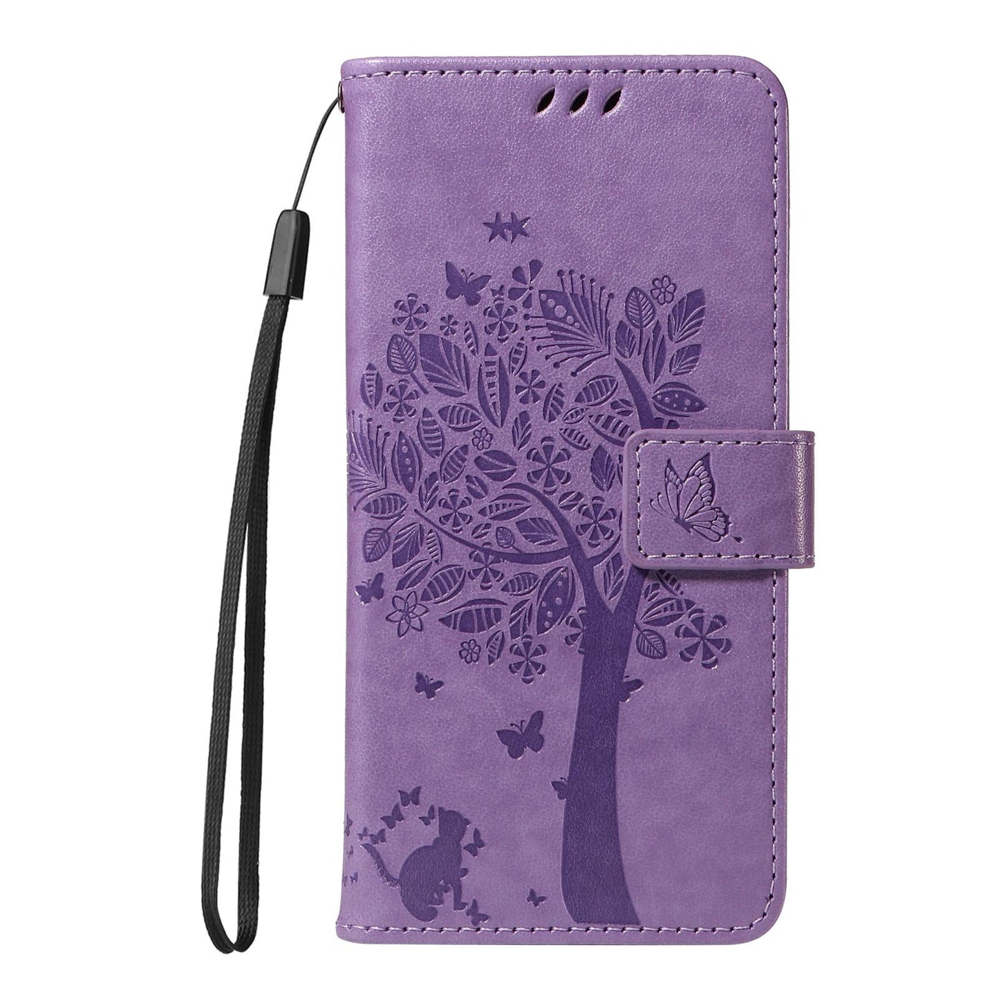 For vivo V50 5G Global Tree & Cat Embossed Pattern Flip Leather Phone Case(Light Purple)