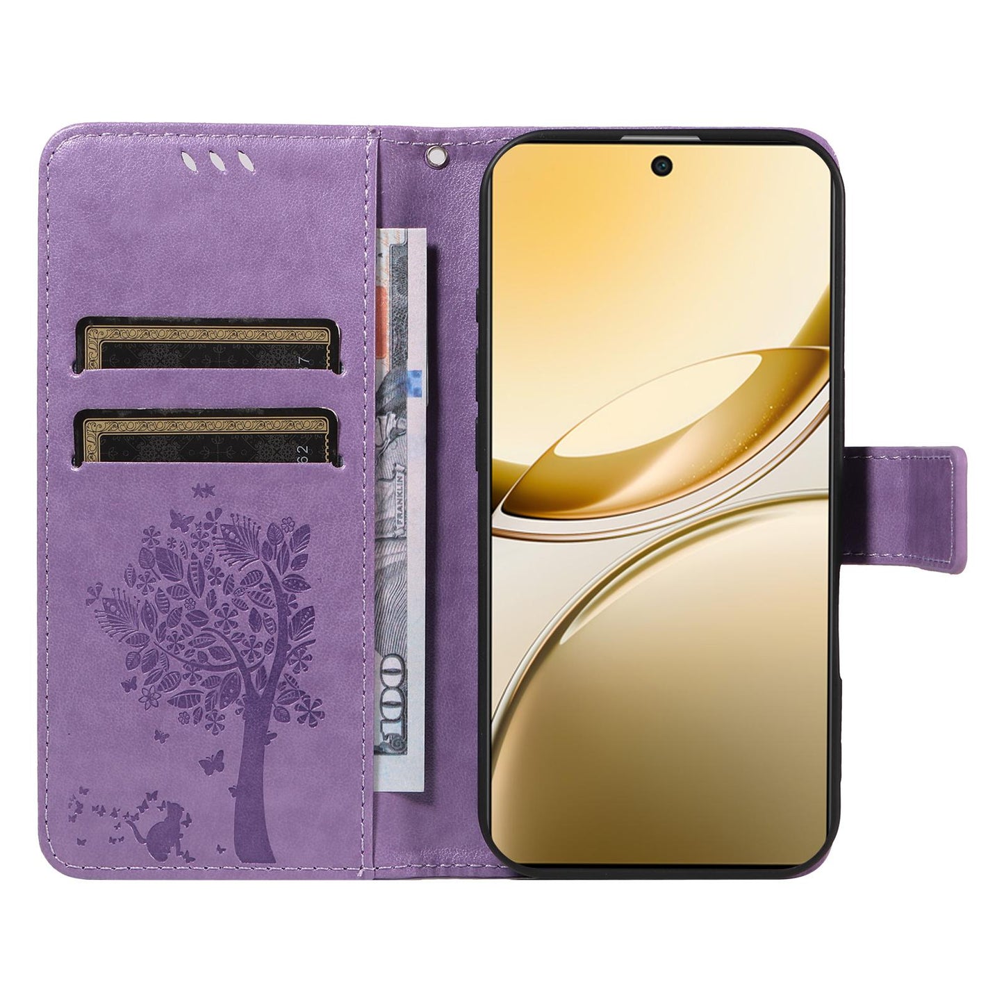 For vivo V50 5G Global Tree & Cat Embossed Pattern Flip Leather Phone Case(Light Purple)