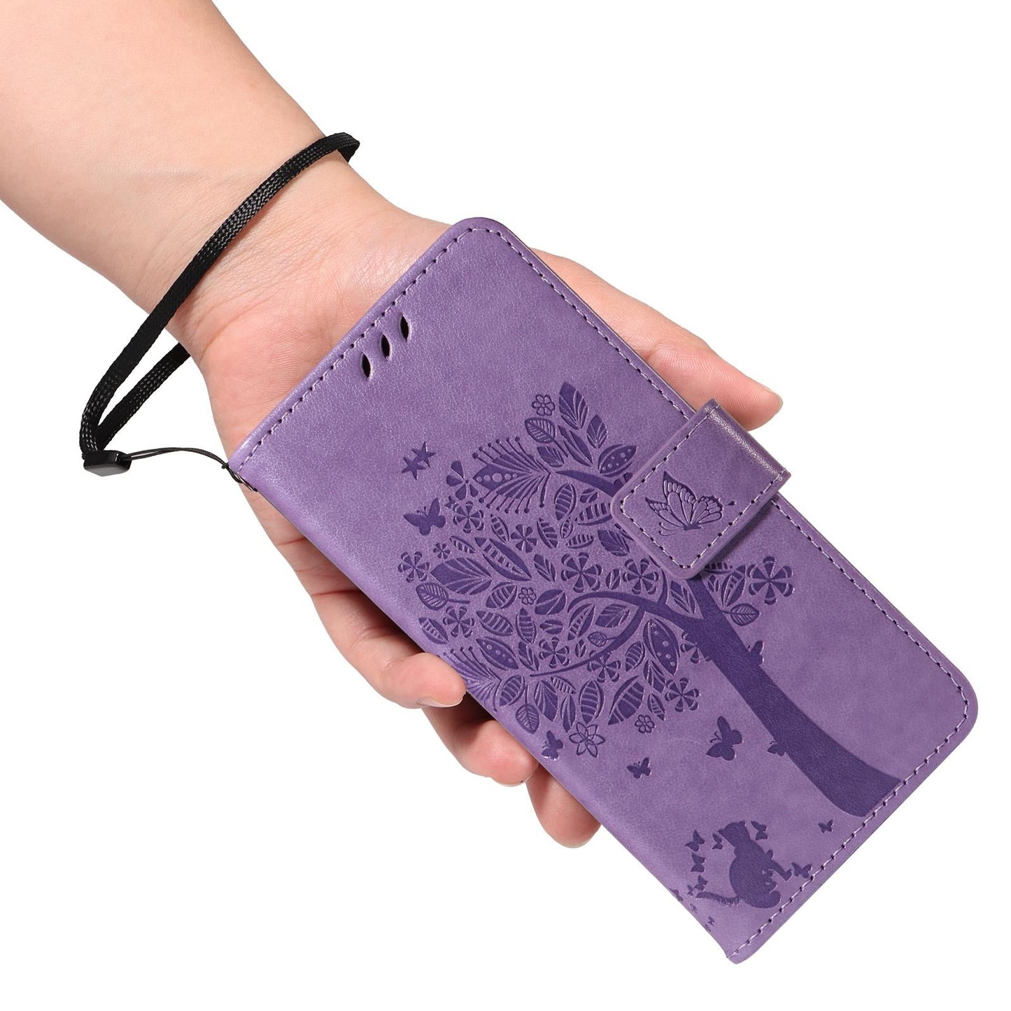 For vivo V50 5G Global Tree & Cat Embossed Pattern Flip Leather Phone Case(Light Purple)