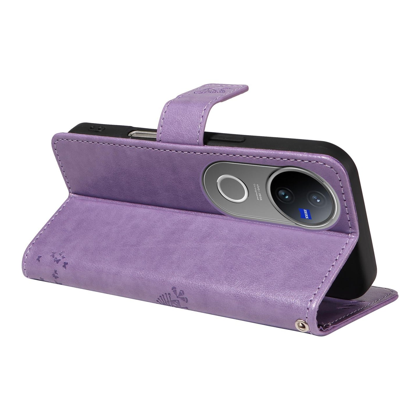 For vivo V50 5G Global Tree & Cat Embossed Pattern Flip Leather Phone Case(Light Purple)