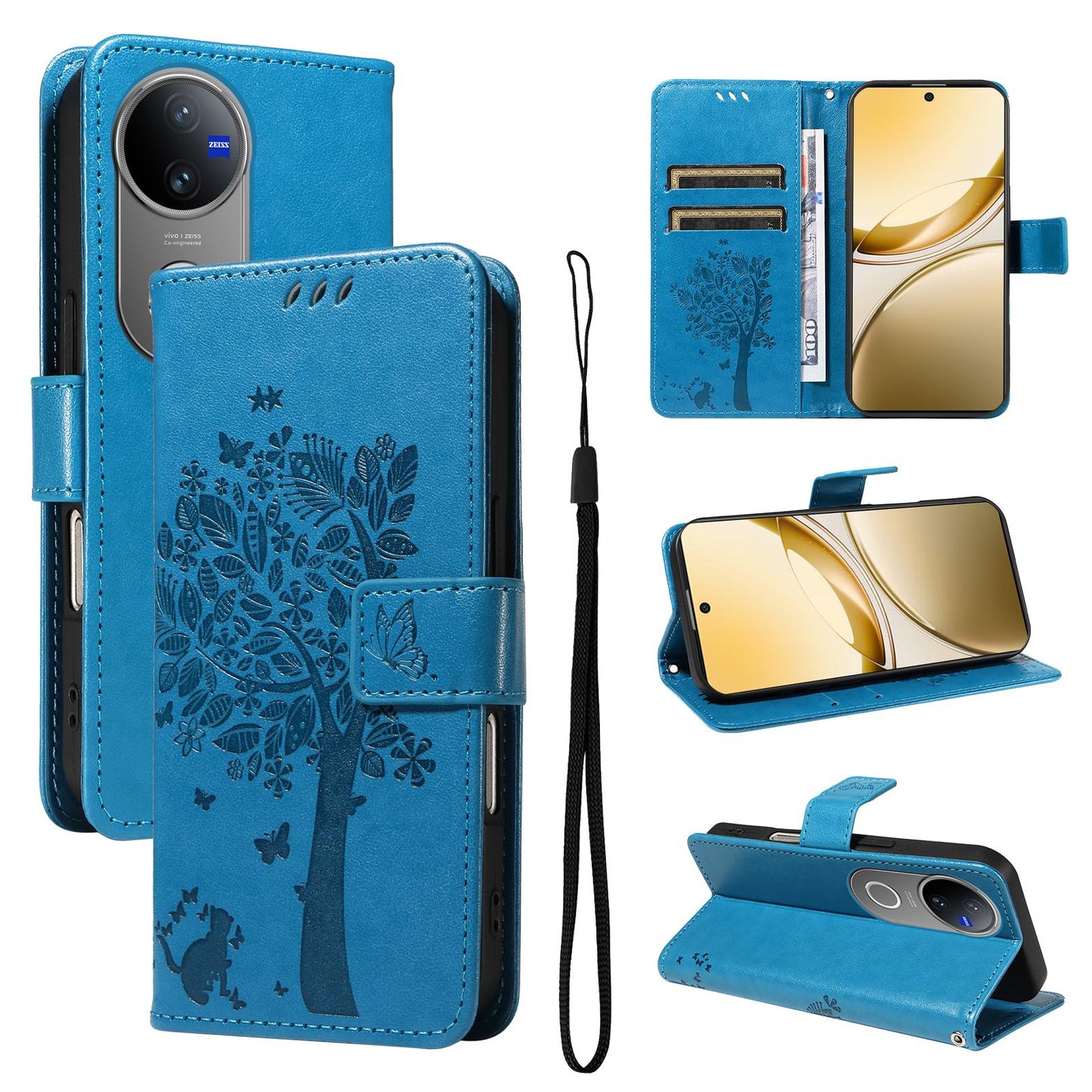 For vivo V50 5G Global Tree & Cat Embossed Pattern Flip Leather Phone Case(Blue)