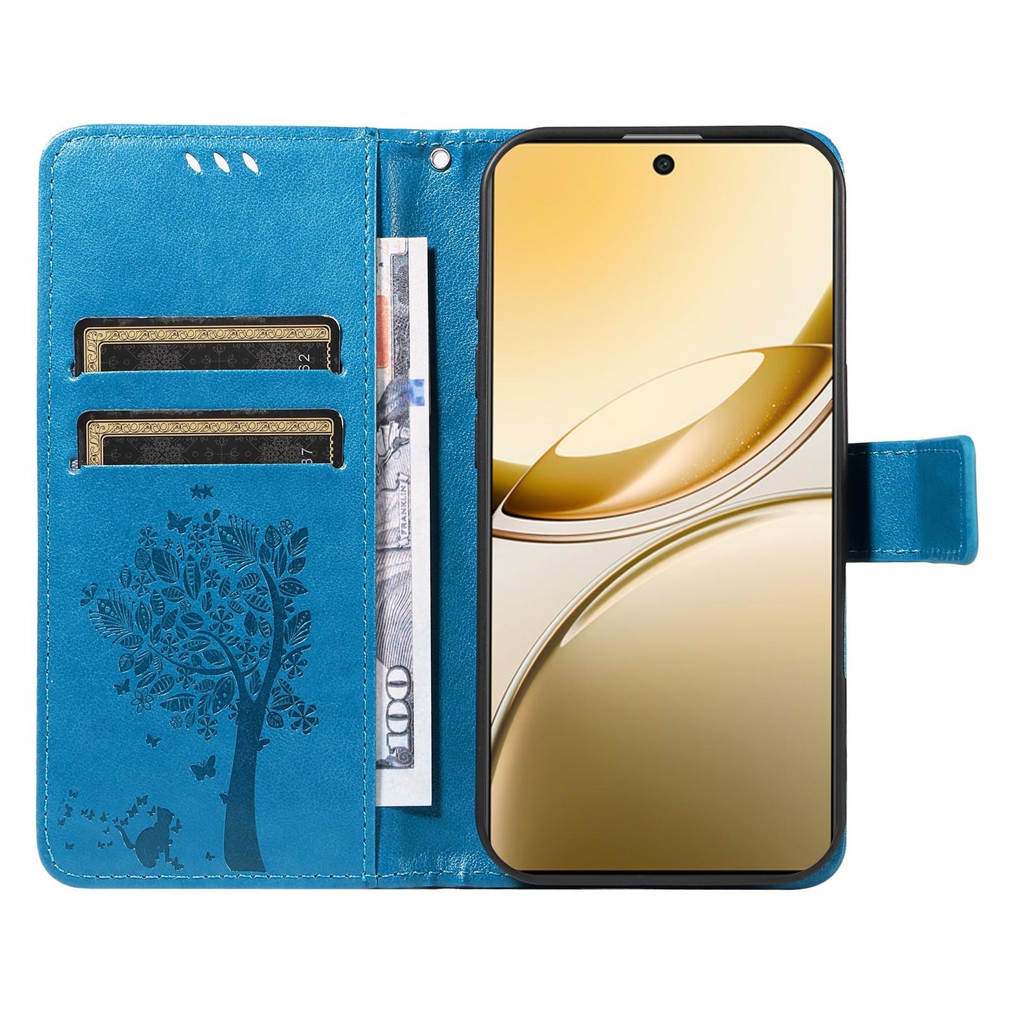 For vivo V50 5G Global Tree & Cat Embossed Pattern Flip Leather Phone Case(Blue)