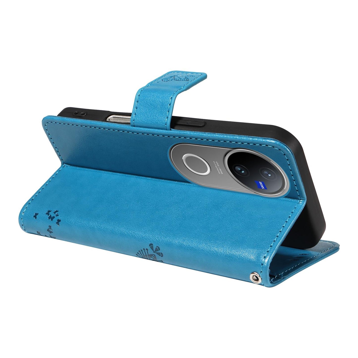 For vivo V50 5G Global Tree & Cat Embossed Pattern Flip Leather Phone Case(Blue)