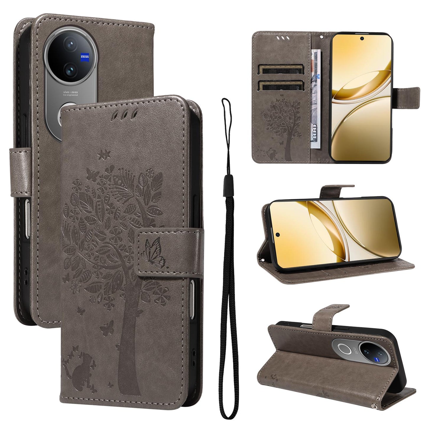 For vivo V50 5G Global Tree & Cat Embossed Pattern Flip Leather Phone Case(Grey)