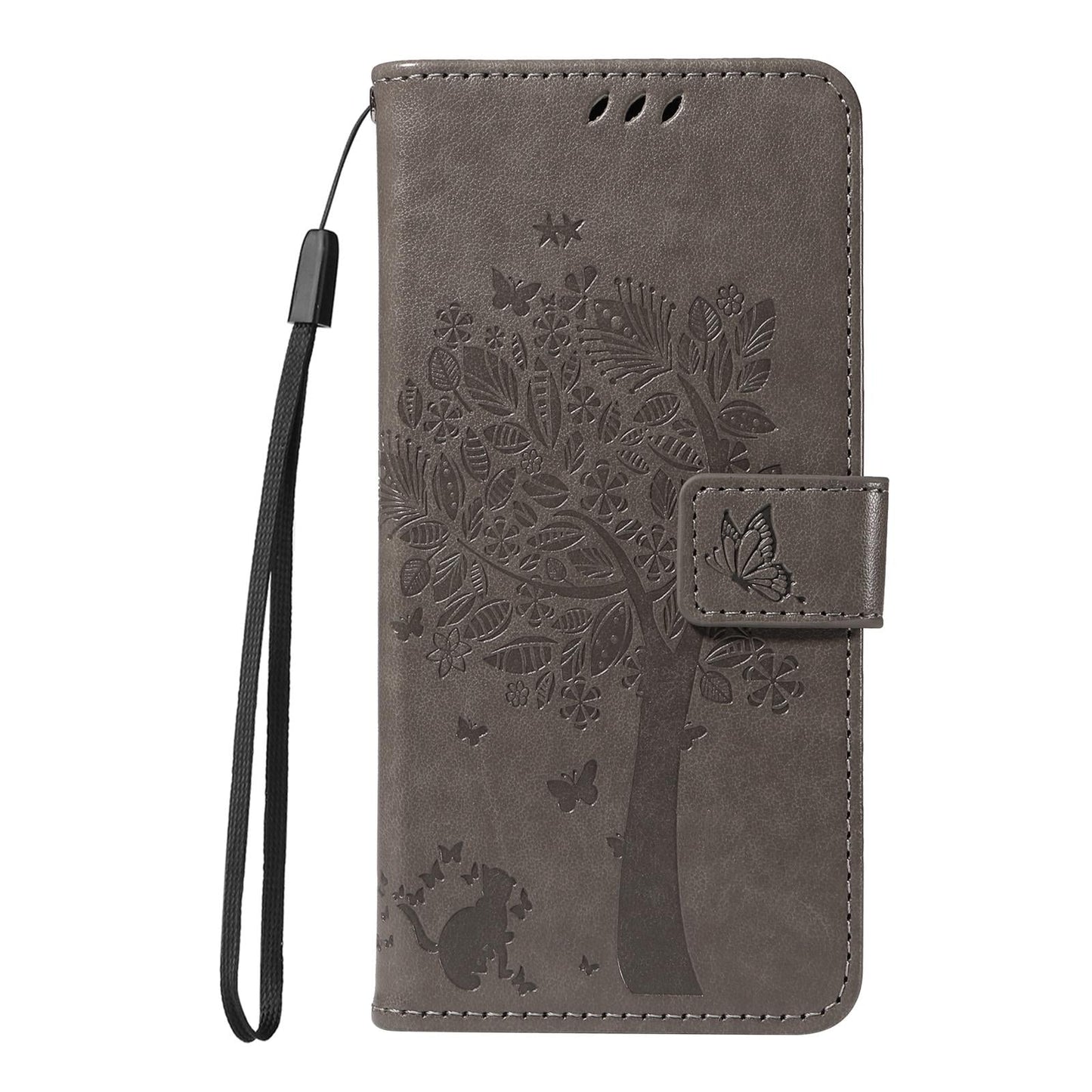 For vivo V50 5G Global Tree & Cat Embossed Pattern Flip Leather Phone Case(Grey)