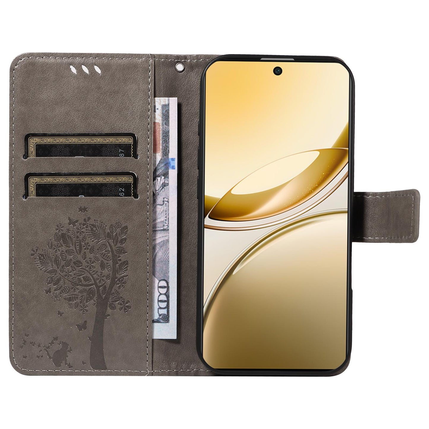 For vivo V50 5G Global Tree & Cat Embossed Pattern Flip Leather Phone Case(Grey)