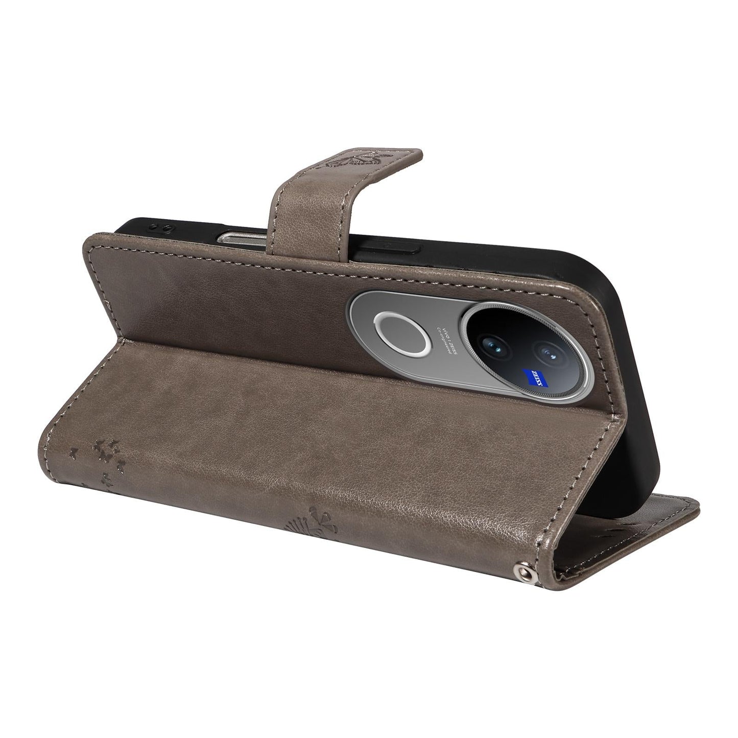 For vivo V50 5G Global Tree & Cat Embossed Pattern Flip Leather Phone Case(Grey)