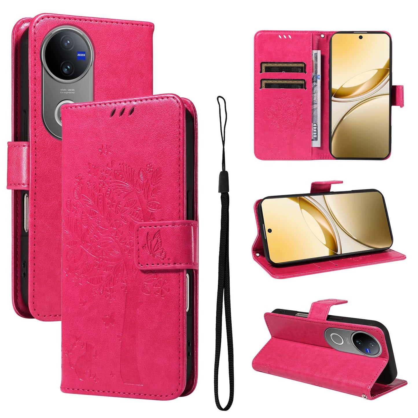For vivo V50 5G Global Tree & Cat Embossed Pattern Flip Leather Phone Case(Rose Red)