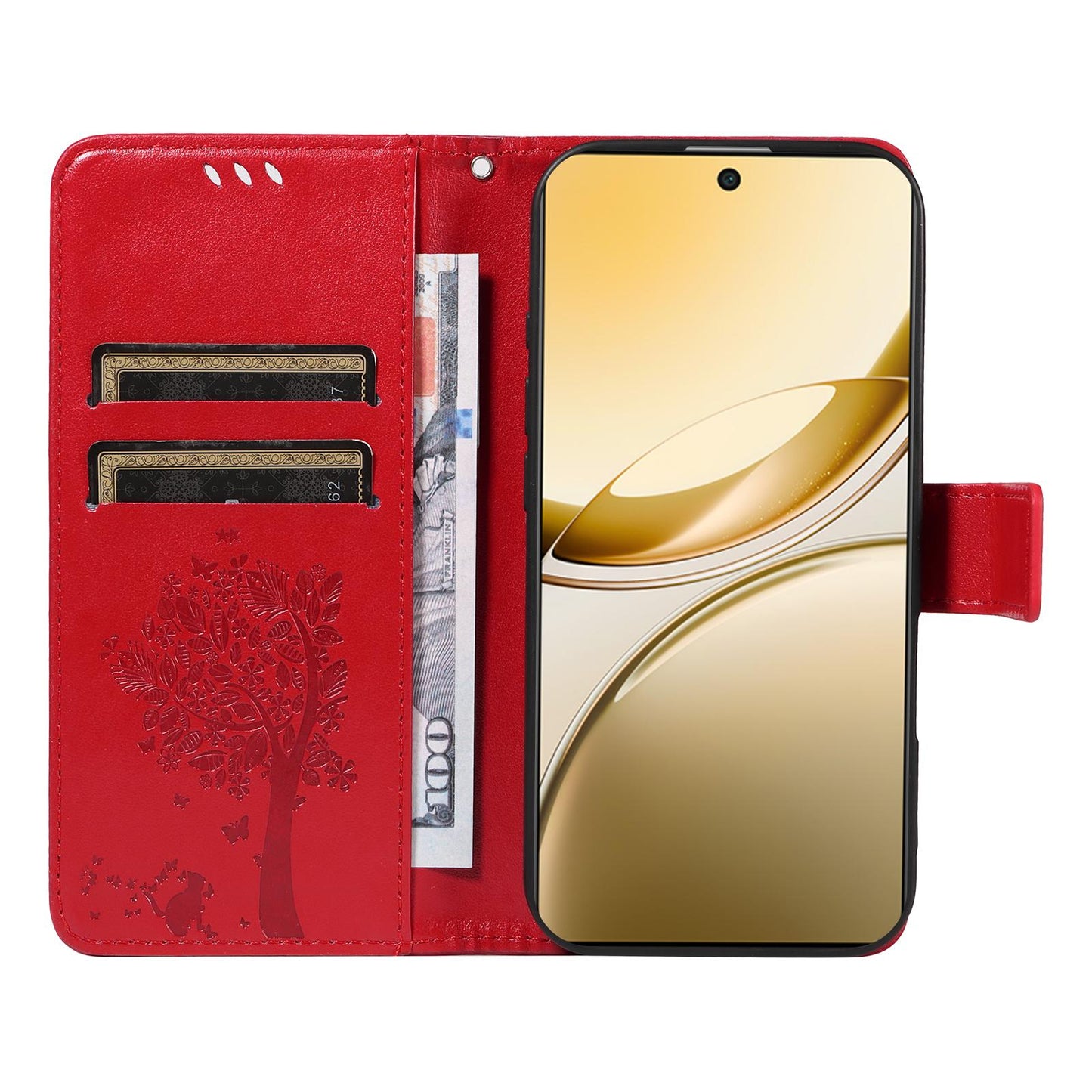 For vivo V50 5G Global Tree & Cat Embossed Pattern Flip Leather Phone Case(Red)