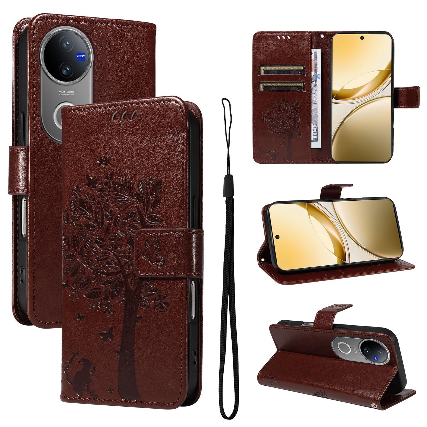 For vivo V50 5G Global Tree & Cat Embossed Pattern Flip Leather Phone Case(Coffee)