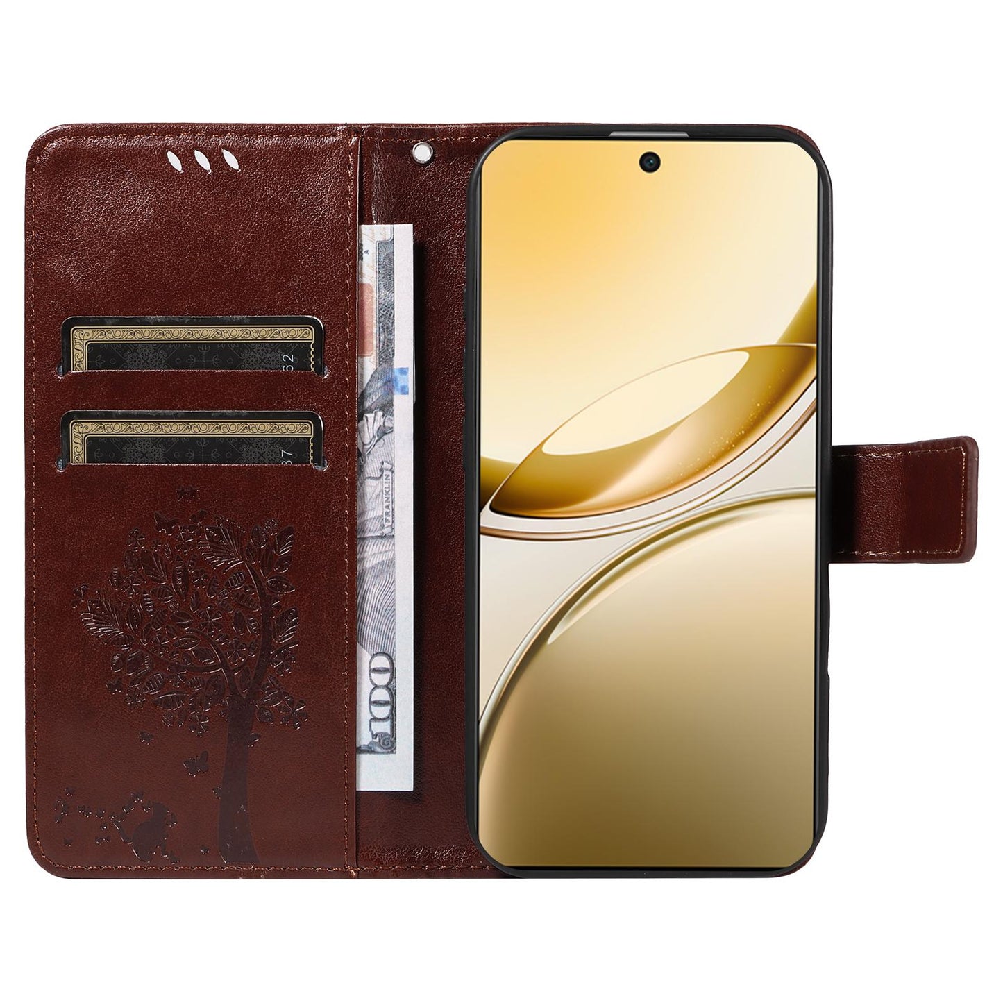 For vivo V50 5G Global Tree & Cat Embossed Pattern Flip Leather Phone Case(Coffee)
