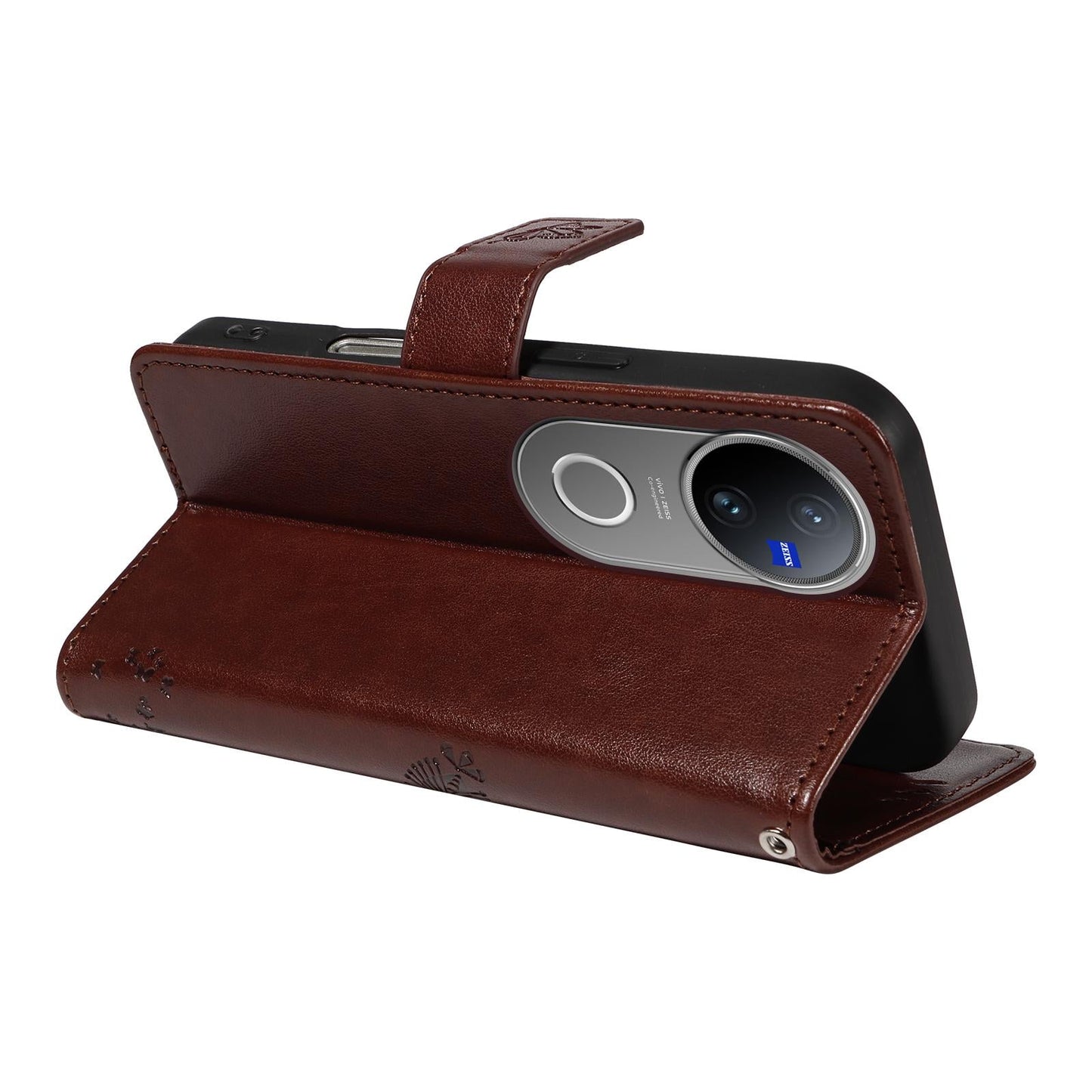 For vivo V50 5G Global Tree & Cat Embossed Pattern Flip Leather Phone Case(Coffee)